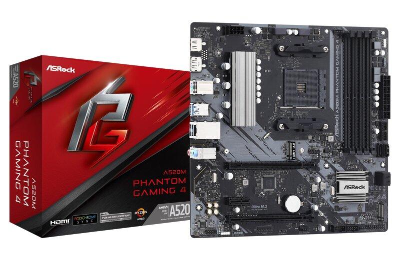 ASRock A520M Phantom Gaming 4 - Moderkort - micro ATX - Socket AM4 - AMD A520 Chipuppsättning - USB 3.2 Gen 1 - Gigabit LAN - inbyggda grafiken (CPU krävs) - HD-ljud (8 kanaler)