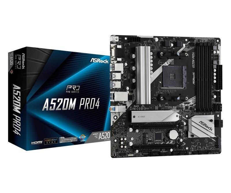 ASRock A520M Pro4 - Moderkort - micro ATX - Socket AM4 - AMD A520 Chipuppsättning - USB 3.2 Gen 1, USB-C Gen1 - Gigabit LAN - inbyggda grafiken (CPU krävs) - HD-ljud (8 kanaler)