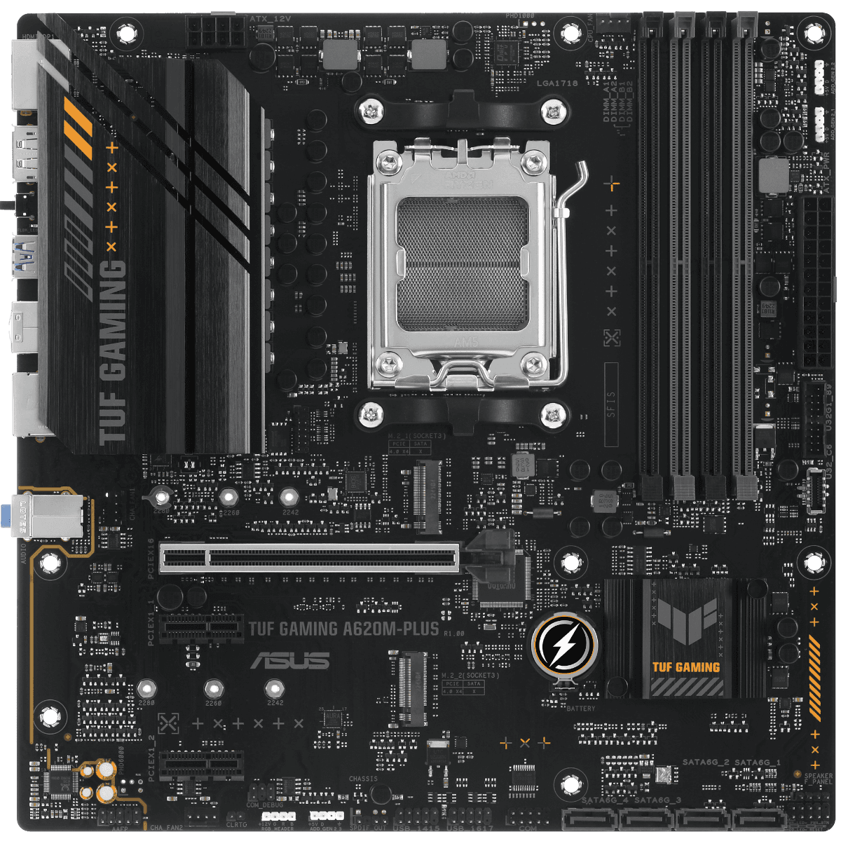 ASUS TUF GAMING A620M-PLUS - Moderkort - micro ATX - Socket AM5 - AMD A620 Chipuppsättning - USB 3.1 Gen 1, USB-C 3.2 Gen 1 - 2.5 Gigabit LAN - inbyggda grafiken (CPU krävs) - HD-ljud (8 kanaler)