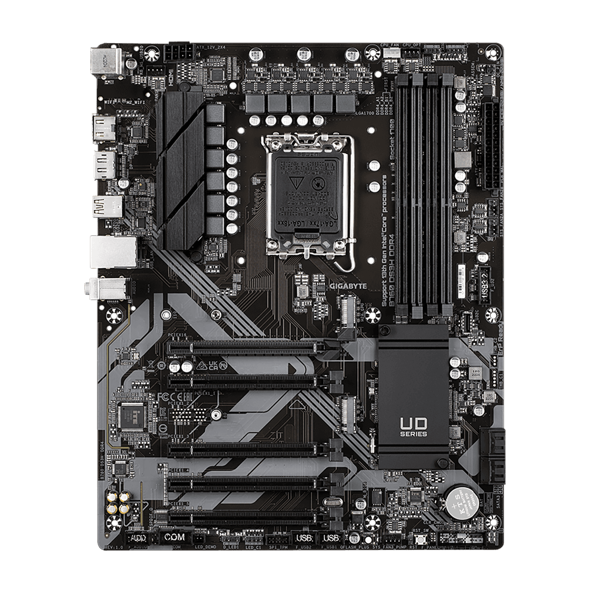 Gigabyte B760 DS3H DDR4 - 1.0 - moderkort - ATX - LGA1700-uttag - B760 Chipuppsättning - USB-C 3.2 Gen 2x2, USB-C 3.2 Gen 1, USB 3.2 Gen 2, USB 3.2 Gen 1 - Gigabit LAN - inbyggda grafiken (CPU krävs) - HD-ljud (8 kanaler)